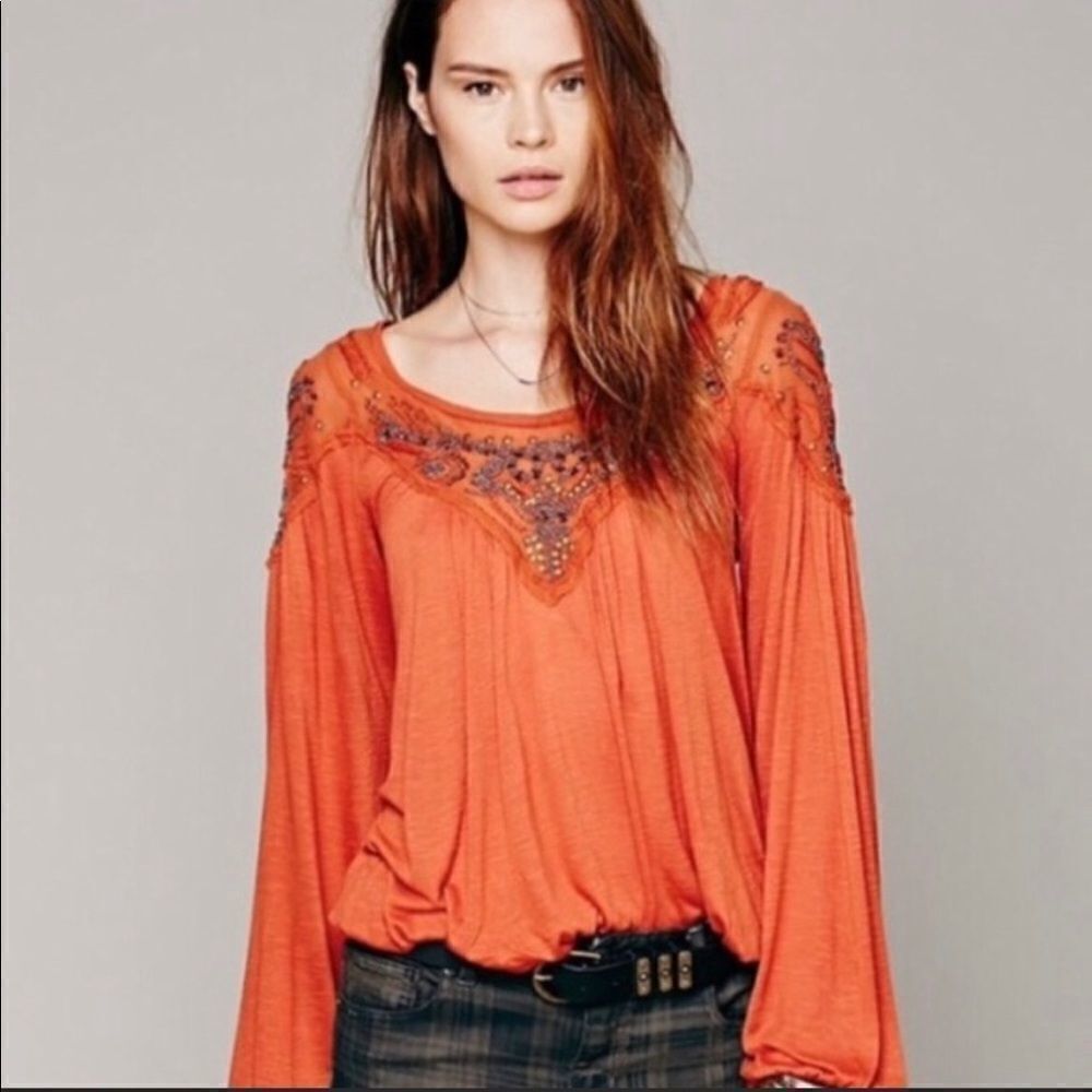 Free People Blue Sky Embellished Keyhole Top